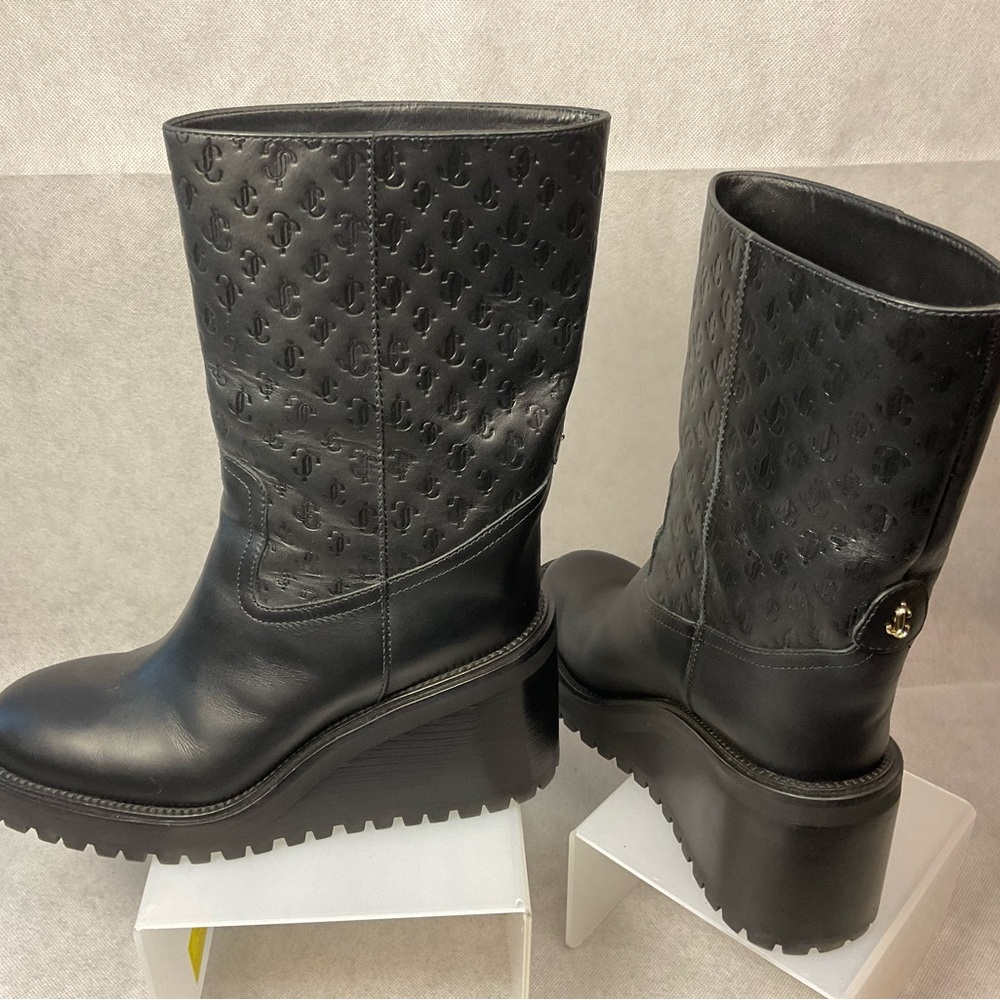 Jimmy Choo Monogram Embossed Leather Wedge Boots- Black- Barely Worn- Size 37.5